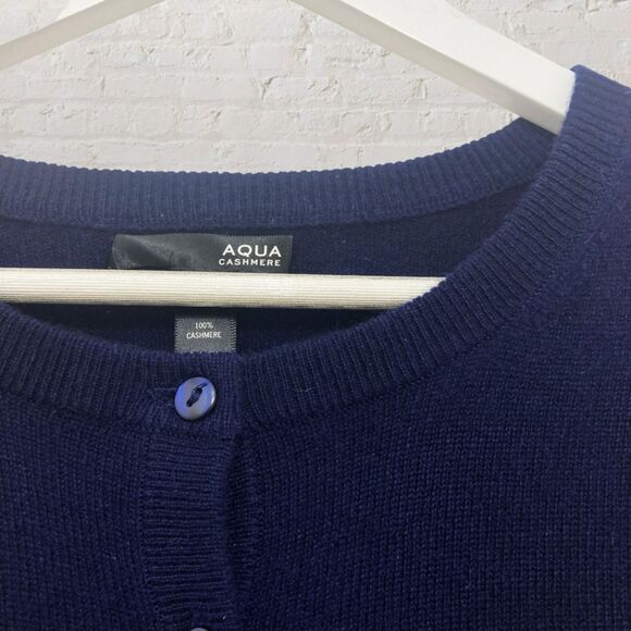 Aqua Cashmere Cardigan Size L Button Front 100% Cashmere Navy Blue Classic - Picture 9 of 16